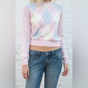 Brandy Melville Girl’s Abi Argyle Pink White Blue Crewneck Pullover Sweater
